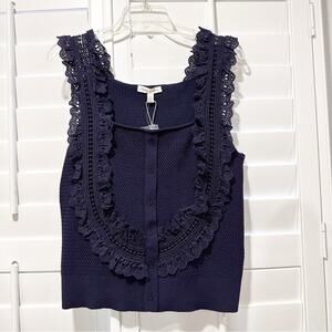 Flint & Moss Navy Ruffle Lace Crochet Trim Knit Tank Top Size Large